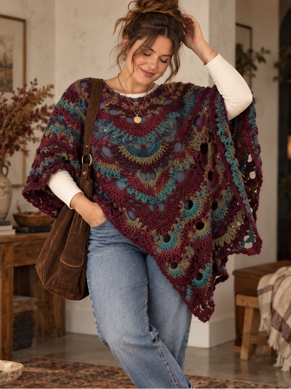 Handmade Crochet Poncho Burgundy Teal Olive Boho Oversized Artisan Sweater OS